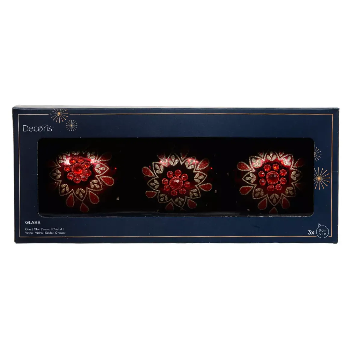 Set di 3 palline di Natale in vetro (D80 mm) Folk Flower Rosso