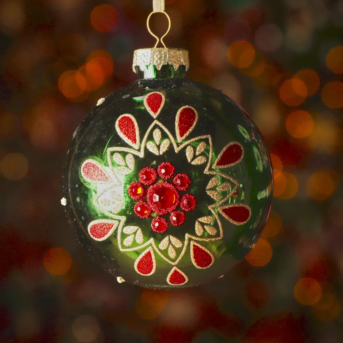 Set di 3 palline di Natale in vetro (D80 mm) Folk Flower Verde