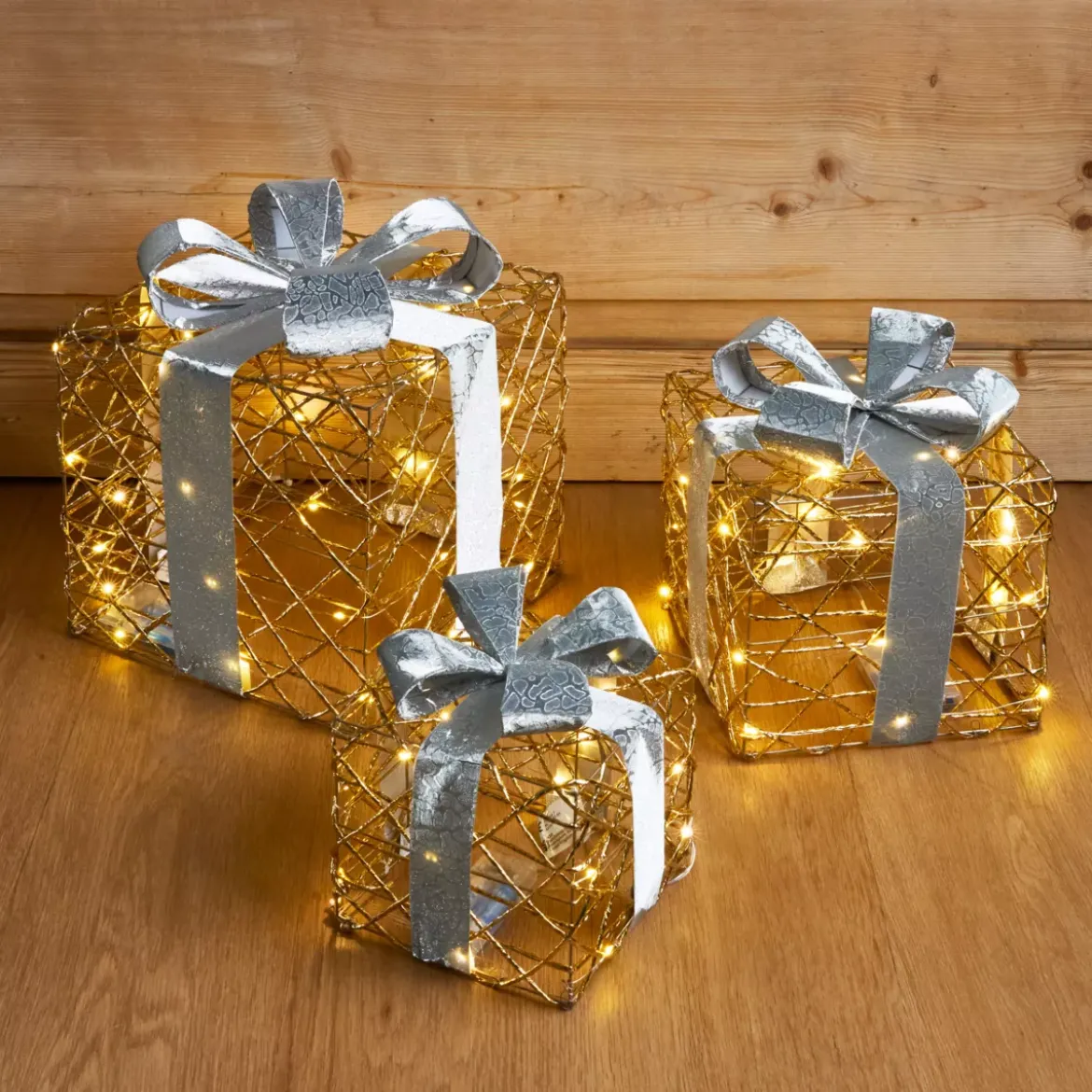 Set di 3 regali luminosi 90 LED (H29 cm) Festivo Oro e bianco caldo