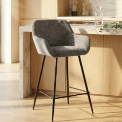 Set di 2 sedie per isola centrale con schienale in tessuto chenille (seduta 65cm) Zola Grigio