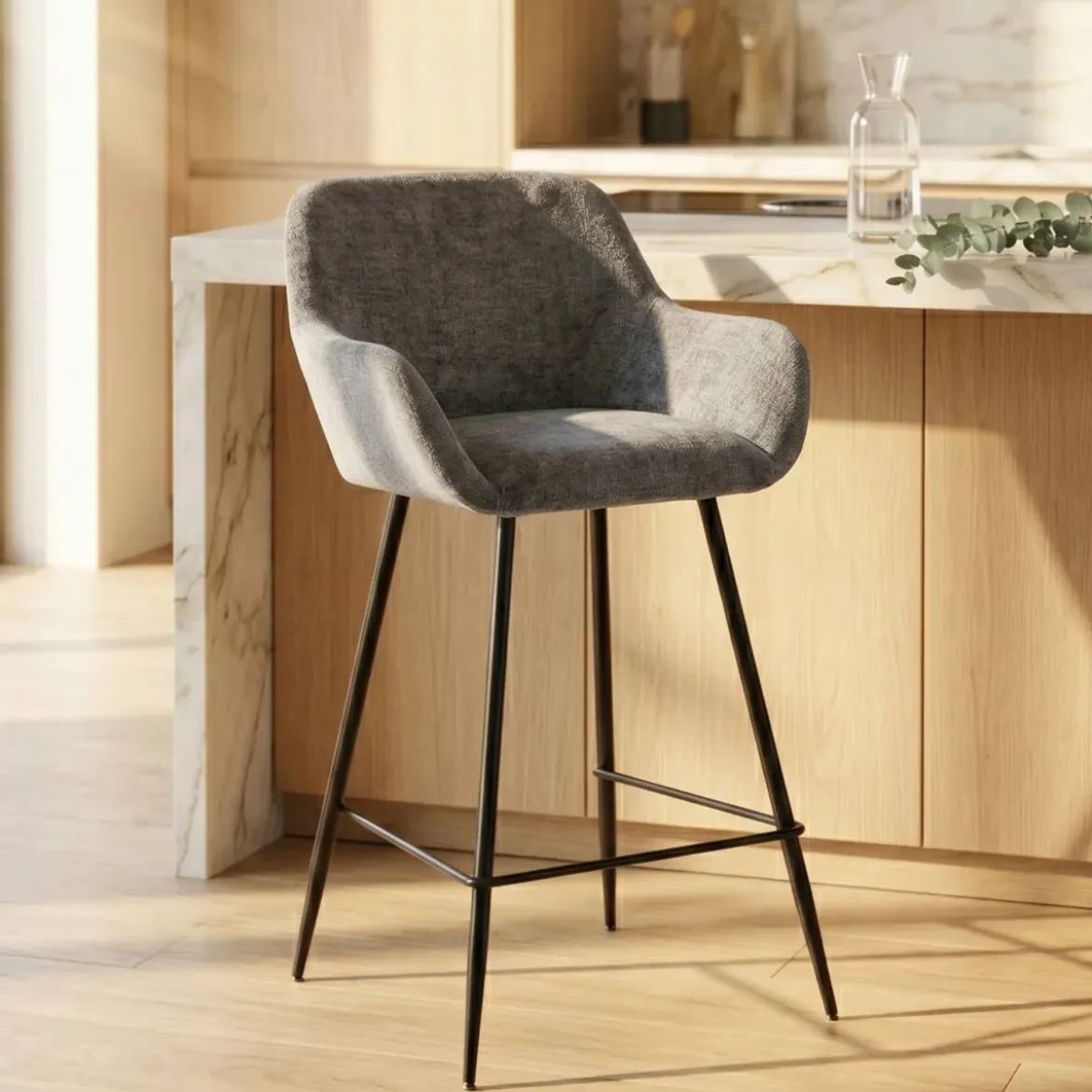 Set di 2 sedie per isola centrale con schienale in tessuto chenille (seduta 65cm) Zola Grigio