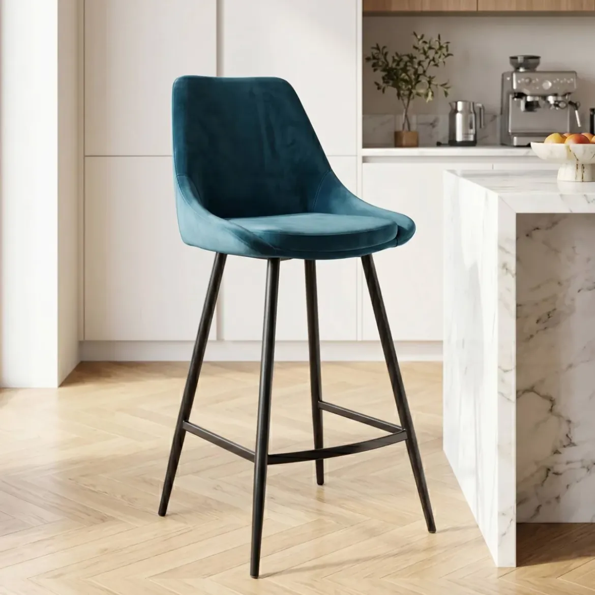 Set di 2 sgabelli da bar con schienale in velluto (Altezza seduta 75cm) Juno Blu scuro