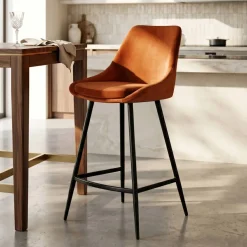 Set di 2 sgabelli da bar con schienale in velluto (Altezza seduta 75cm) Juno Cognac