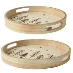 Set di 2 vassoi rotondi in legno (D34-D29 cm) Alberi di Natale