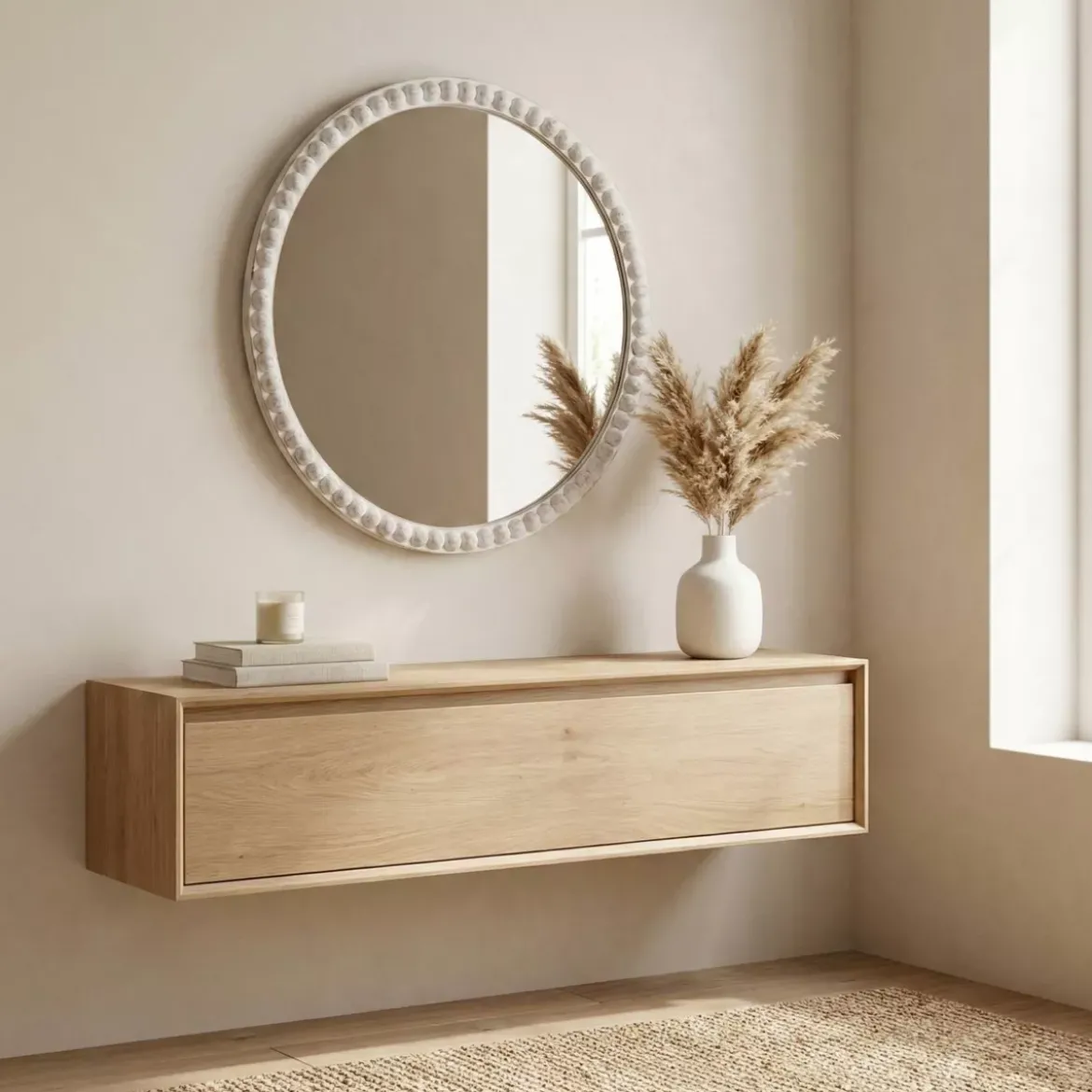 Specchio da parete rotondo con cornice in legno (81 cm) Galena Bianco