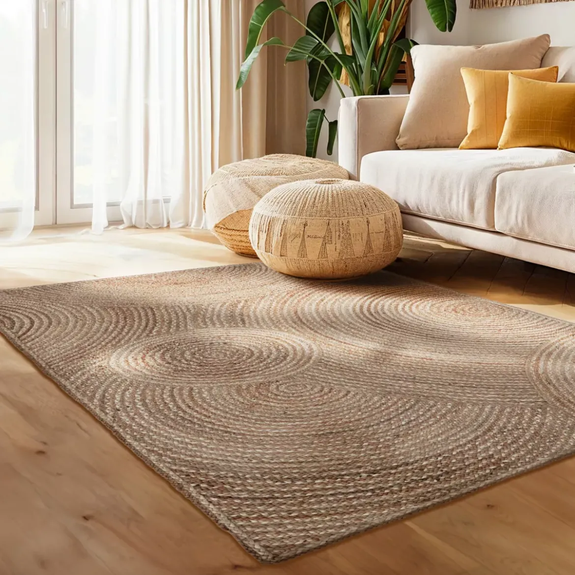 Tappeto da soggiorno rettangolare in juta intrecciata a mano (140 x 200 cm) Neha Beige