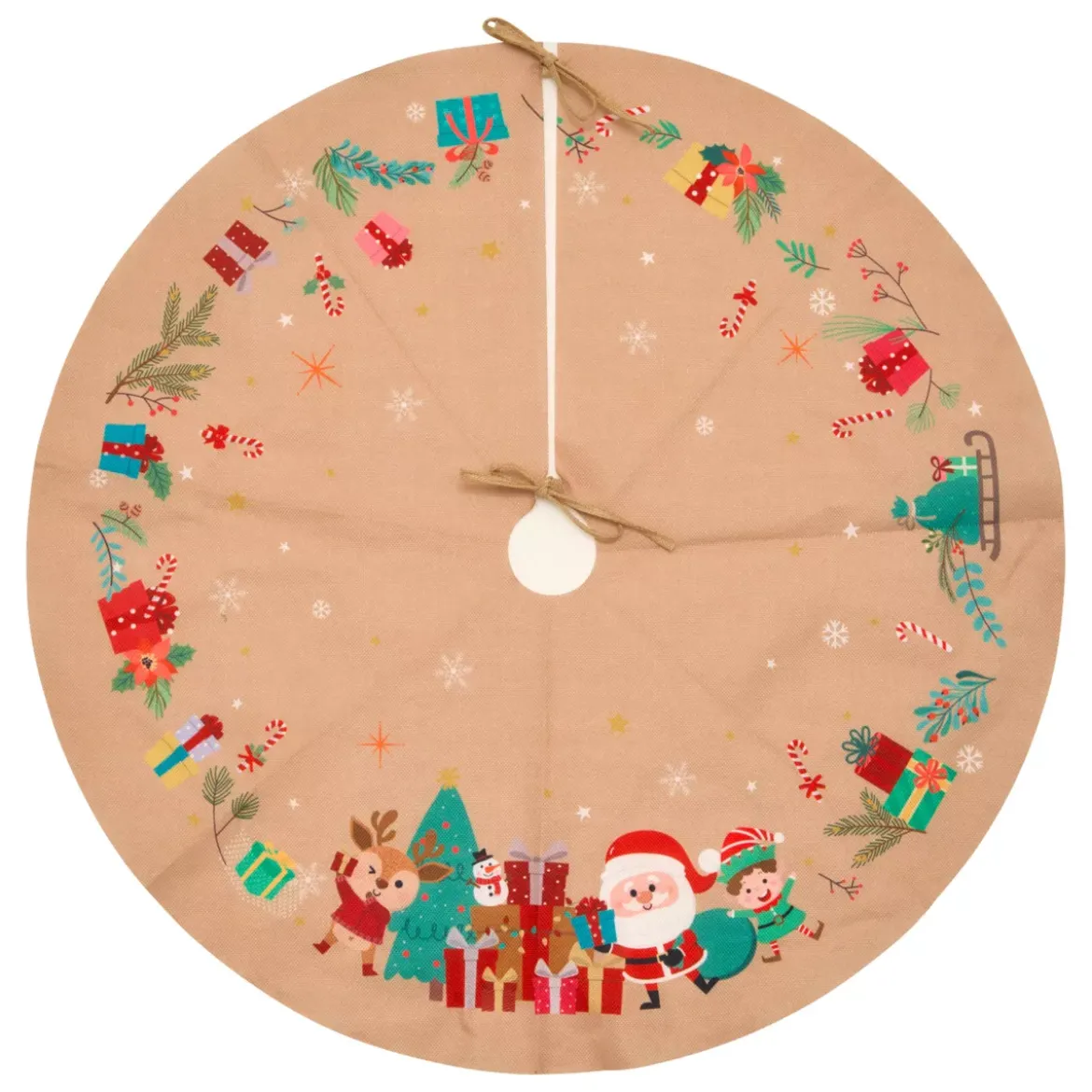 Tappeto per albero di Natale in juta (D90 cm) Elfo e Babbo Natale Multicolore
