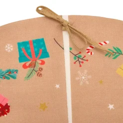 Tappeto per albero di Natale in juta (D90 cm) Elfo e Babbo Natale Multicolore