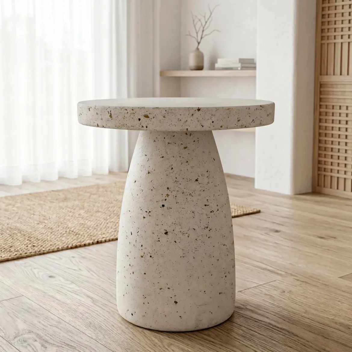 Tavolino basso rotondo in magnesio ossidato (H45 cm) Modula Effetto travertino