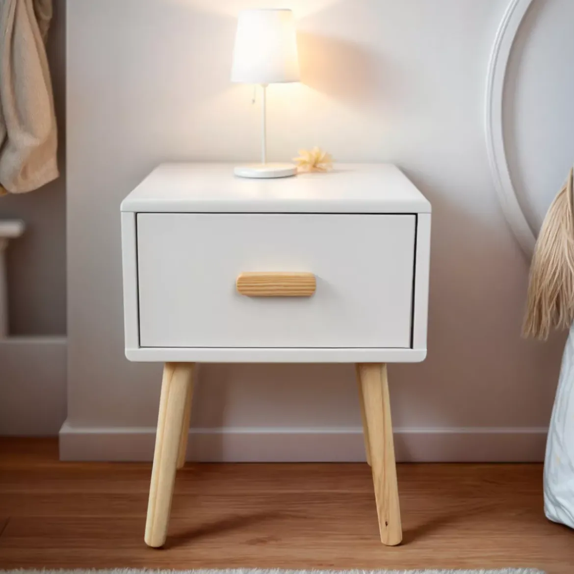 Tavolino da notte per bambini 1 cassetto in legno (H44 cm) Livio Bianco