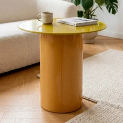 Tavolino rotondo in vetro e MDF (H51 cm) Jila Giallo
