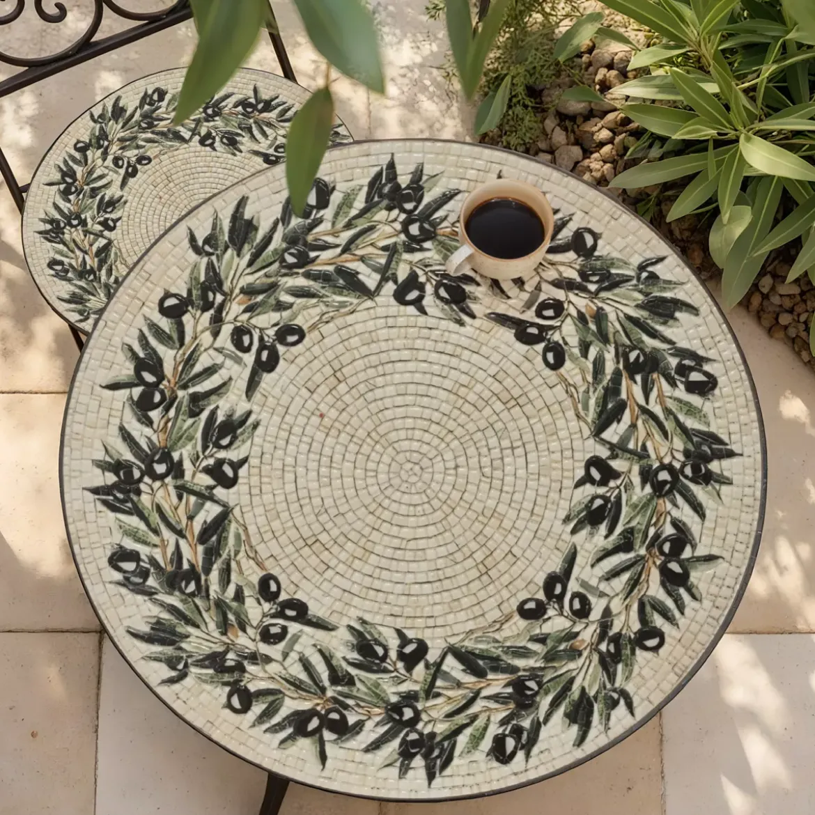 Tavolo bistro rotondo pieghevole in mosaico (D58 cm) Atene Beige