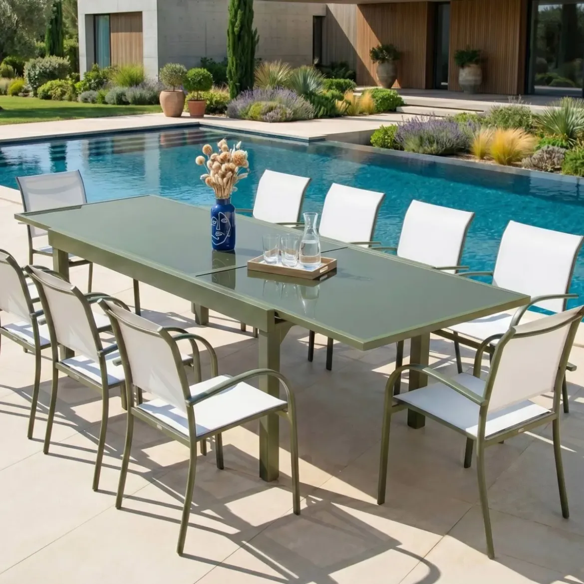 Tavolo da giardino allungabile in vetro 12 posti (200/320 x 100 cm) Murano Verde rosmarino