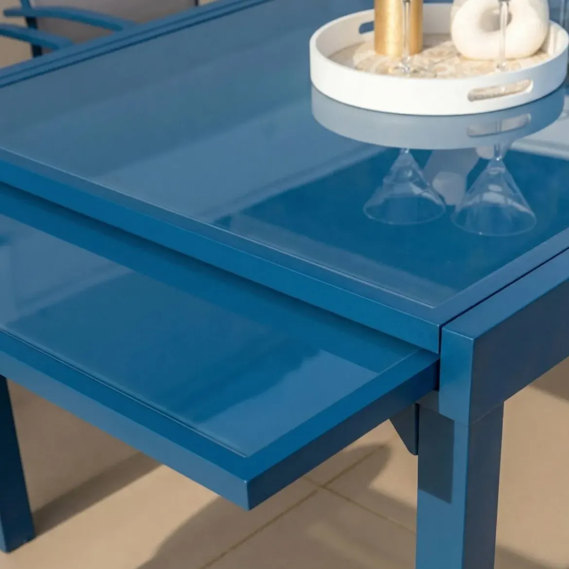 Tavolo da giardino allungabile in vetro 12 posti (200/320 x 100 cm) Murano Blu petrolio