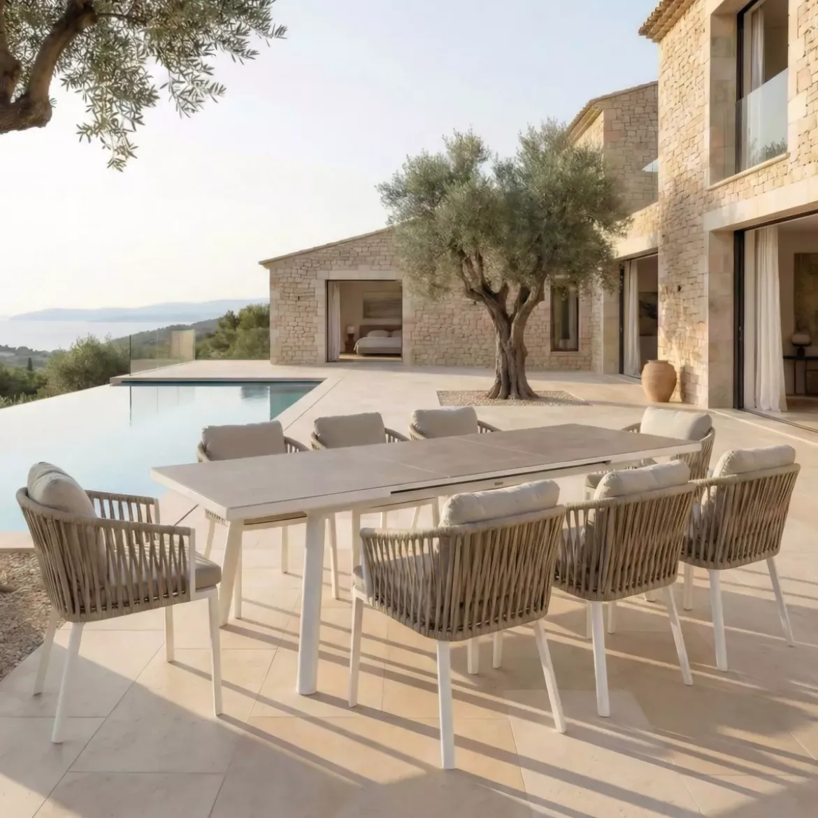 Tavolo da giardino estensibile automatico in alluminio 10 posti (200/260 x 96 cm) Amalfi Bianco e tortora