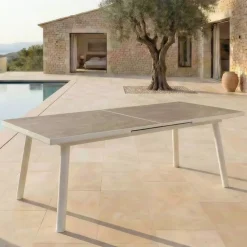 Tavolo da giardino estensibile automatico in alluminio 12 posti (240/300 x 96 cm) Amalfi Bianco e tortora