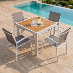 Tavolo da giardino quadrato in alluminio 4 posti (89 x 89 cm) Murano Bianco ed effetto legno