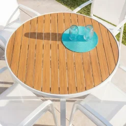 Tavolo da giardino rotondo in alluminio 5 posti (D105 cm) Murano Bianco e effetto legno