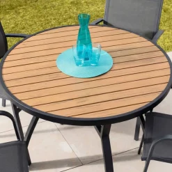 Tavolo da giardino rotondo in alluminio 5 posti (D105 cm) Murano Grigio antracite ed effetto legno