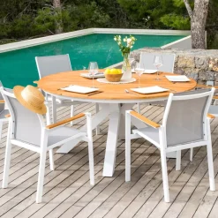 Tavolo da giardino rotondo 6 posti Alluminio/Teck (Ø140 cm) Bali Bianco