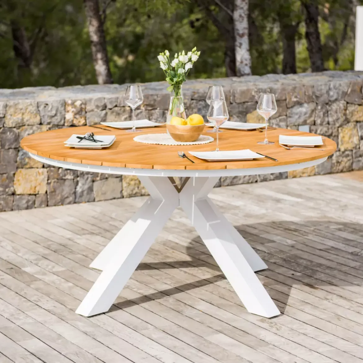 Tavolo da giardino rotondo 6 posti Alluminio/Teck (Ø140 cm) Bali Bianco