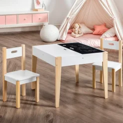Tavolo e 2 sedie per bambini in legno con lavagna (H49,5 cm) Charlie Bianco