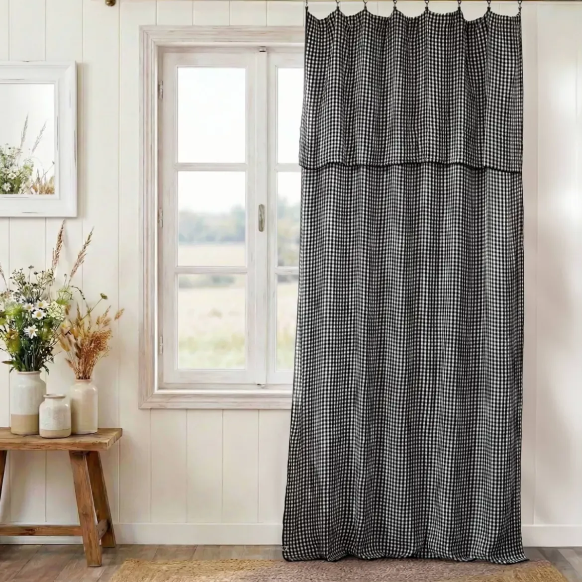 Tenda garza di cotone regolabile (140 x max 300 cm) Gaïa vichy Nero