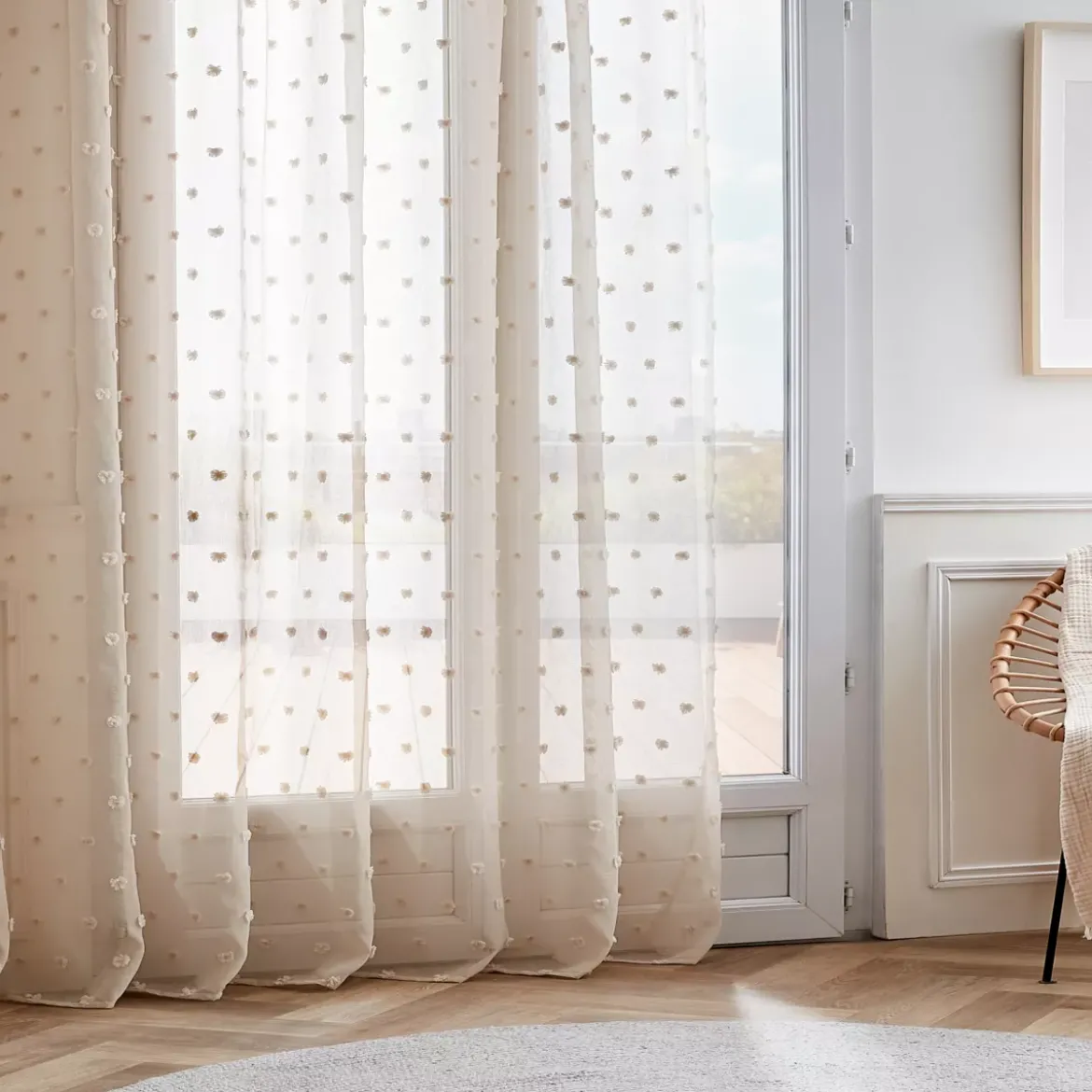 Tenda trasparente con nastri arricciati e pon pon (280 x 240 cm) Emie Beige
