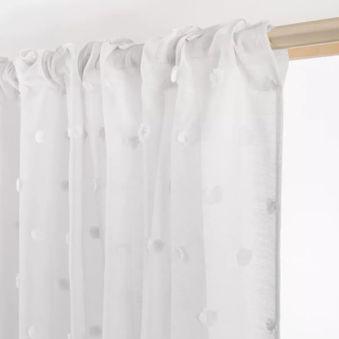 Tenda trasparente con nastri arricciati e pon pon (140 x 240 cm) Emie Bianco