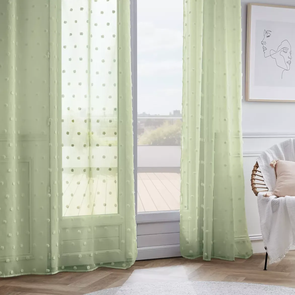 Tenda trasparente con occhielli pon pon (140 x 240 cm) Emie Verde acqua