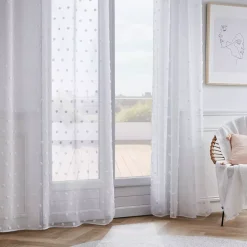 Tenda trasparente con occhielli e pon pon (140 x 240 cm) Emie Bianco