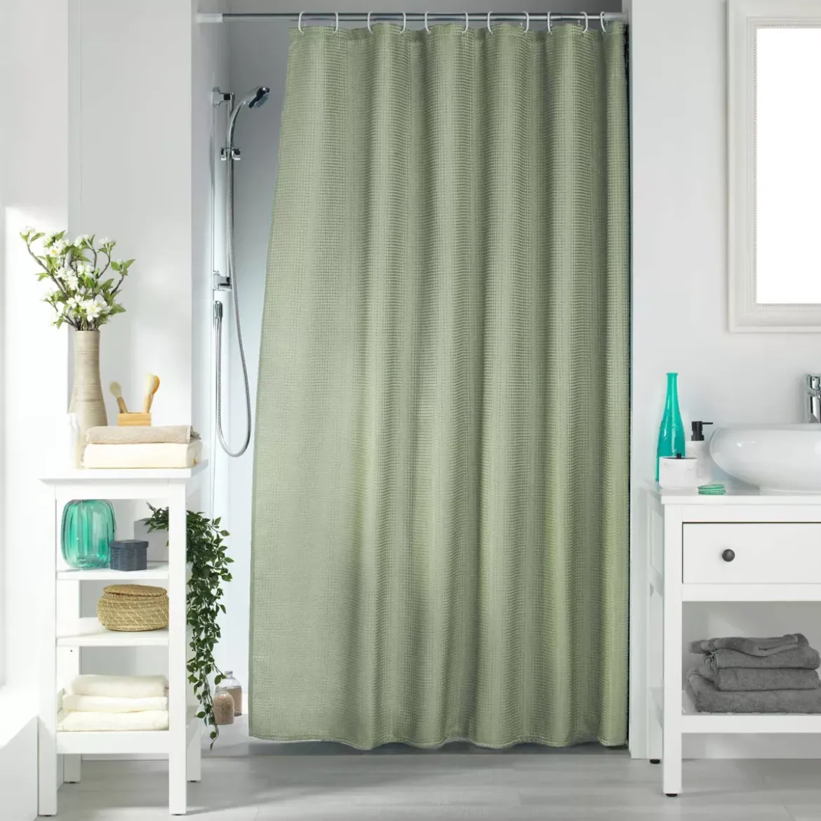 Tenda da doccia con effetto tessuto ad anelli (180 x 200 cm) Quarzo Verde salvia
