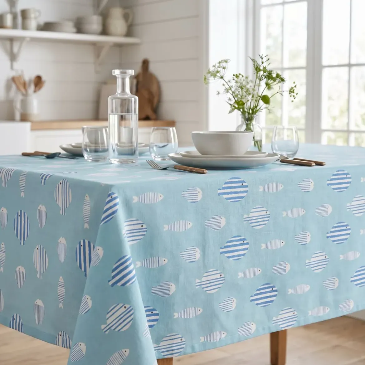 Tovaglia rettangolare cotone antimacchia (150 x 350 cm) Fish Blu