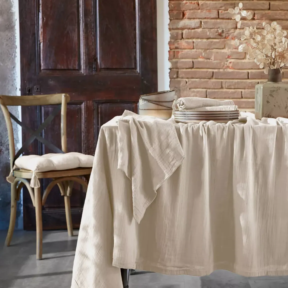 Tovaglia rettangolare garza di cotone (L350 cm) Gaïa Beige pampa
