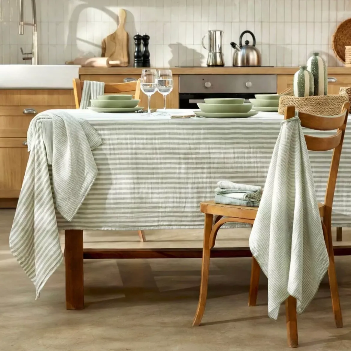 Tovaglia rettangolare in garza di cotone (150 x 250 cm) Gaïa a righe Verde eucalipto