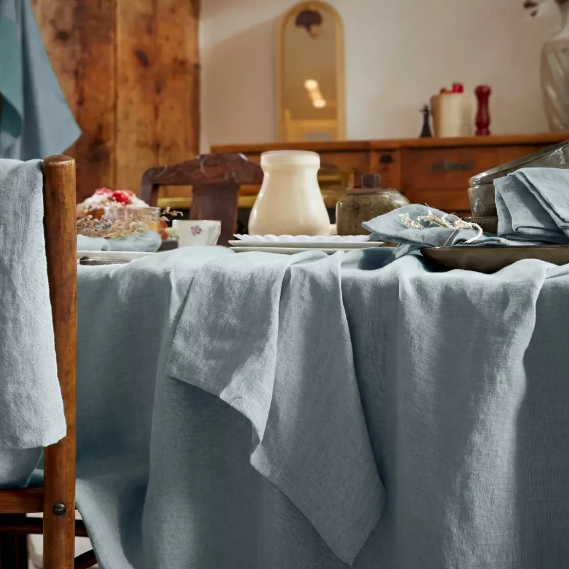 Tovaglia rettangolare in lino lavato (170 x 350 cm) Louise Blu Azzurro