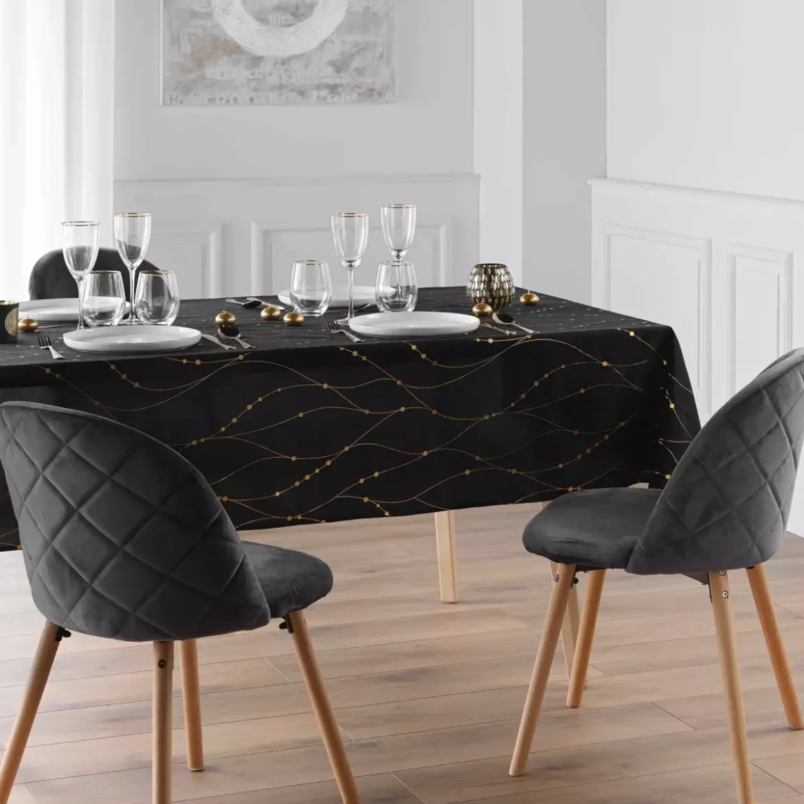 Tovaglia di Natale rettangolare anti macchia (140 x 240 cm) Firmament Nero e dorato