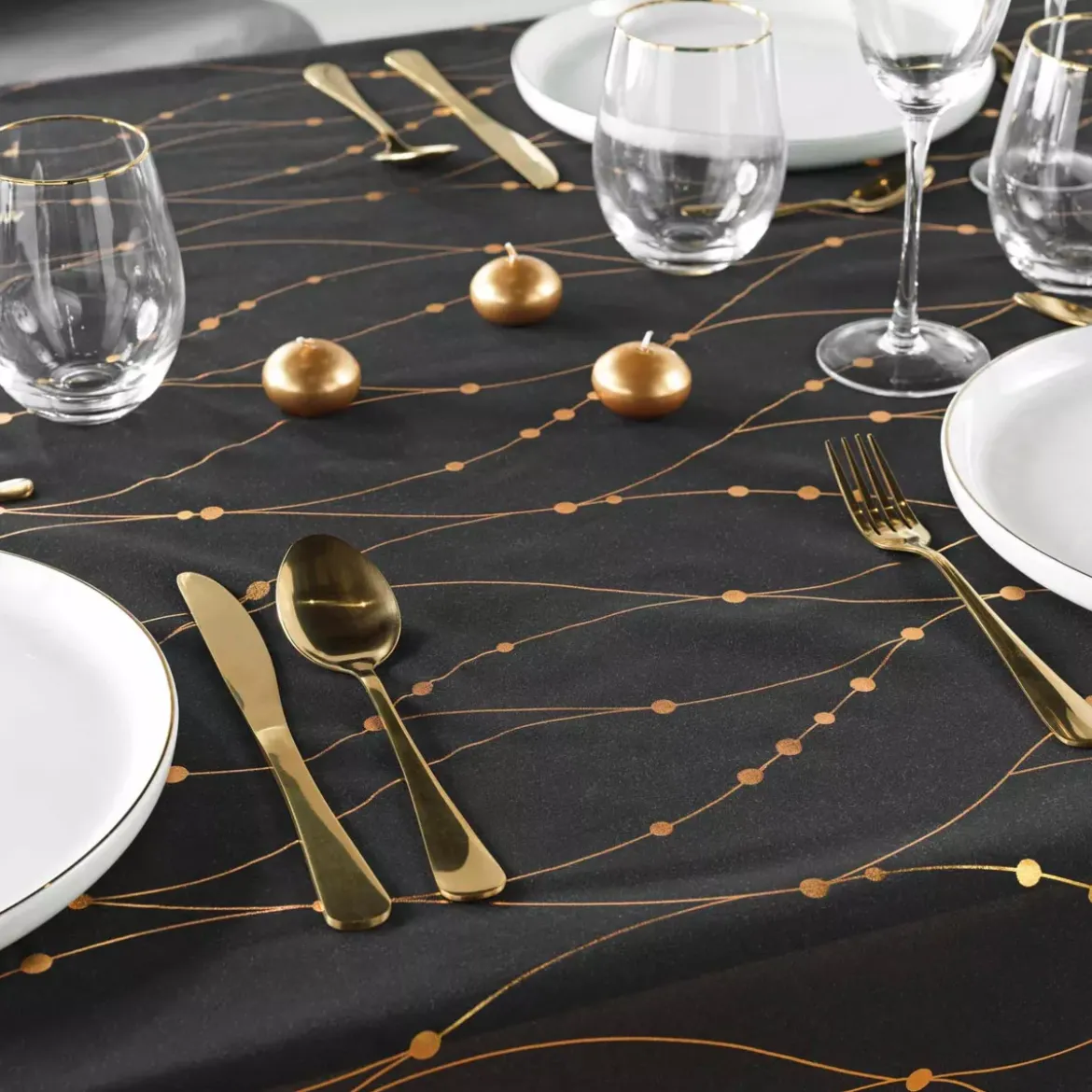 Tovaglia di Natale rettangolare anti macchia (140 x 240 cm) Firmament Nero e dorato