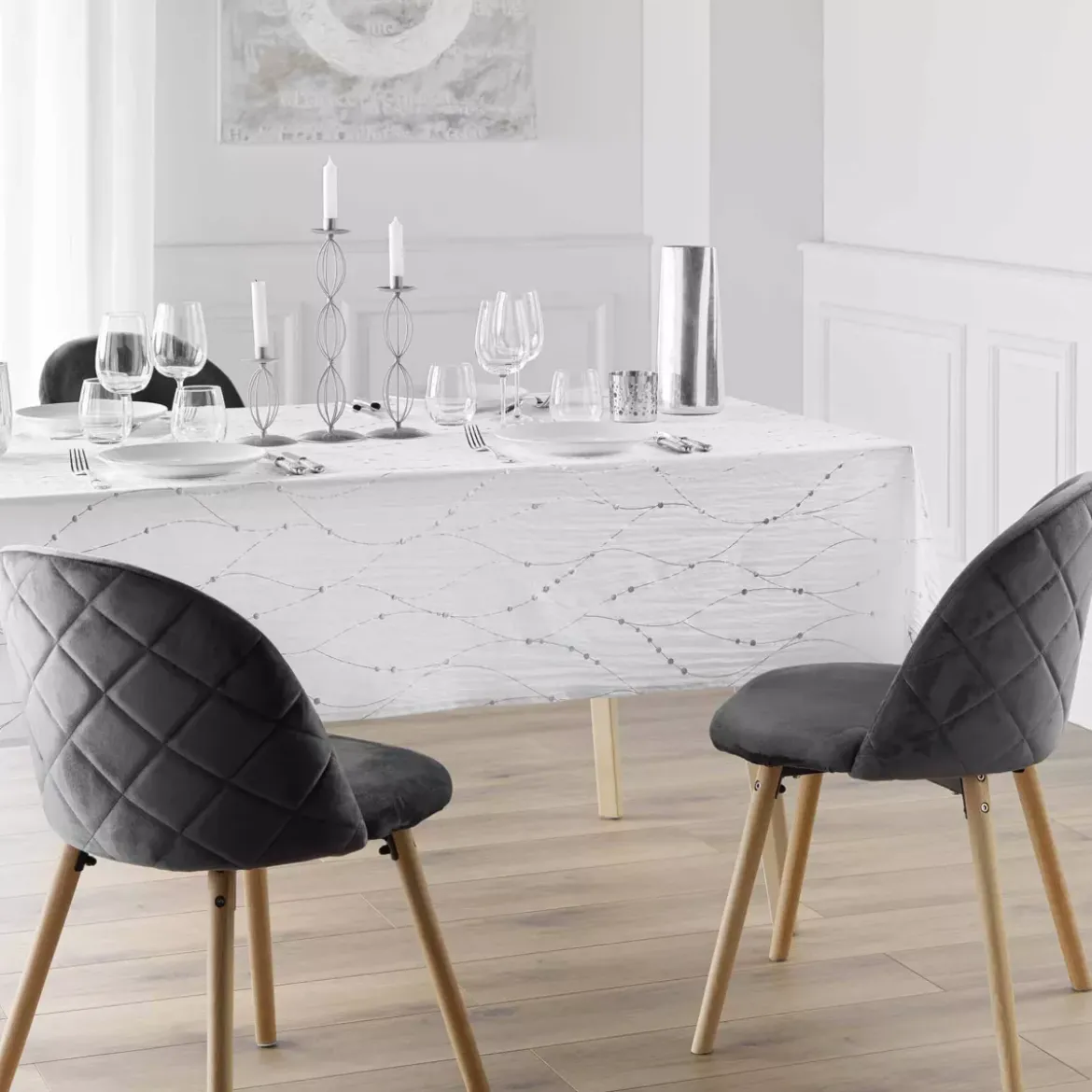Tovaglia natalizia rettangolare (140 x 240 cm) Astrelia Bianco e argento