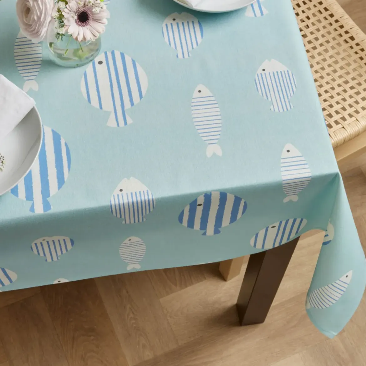 Tovaglia rettangolare cotone antimacchia (150 x 250 cm) Fish Blu