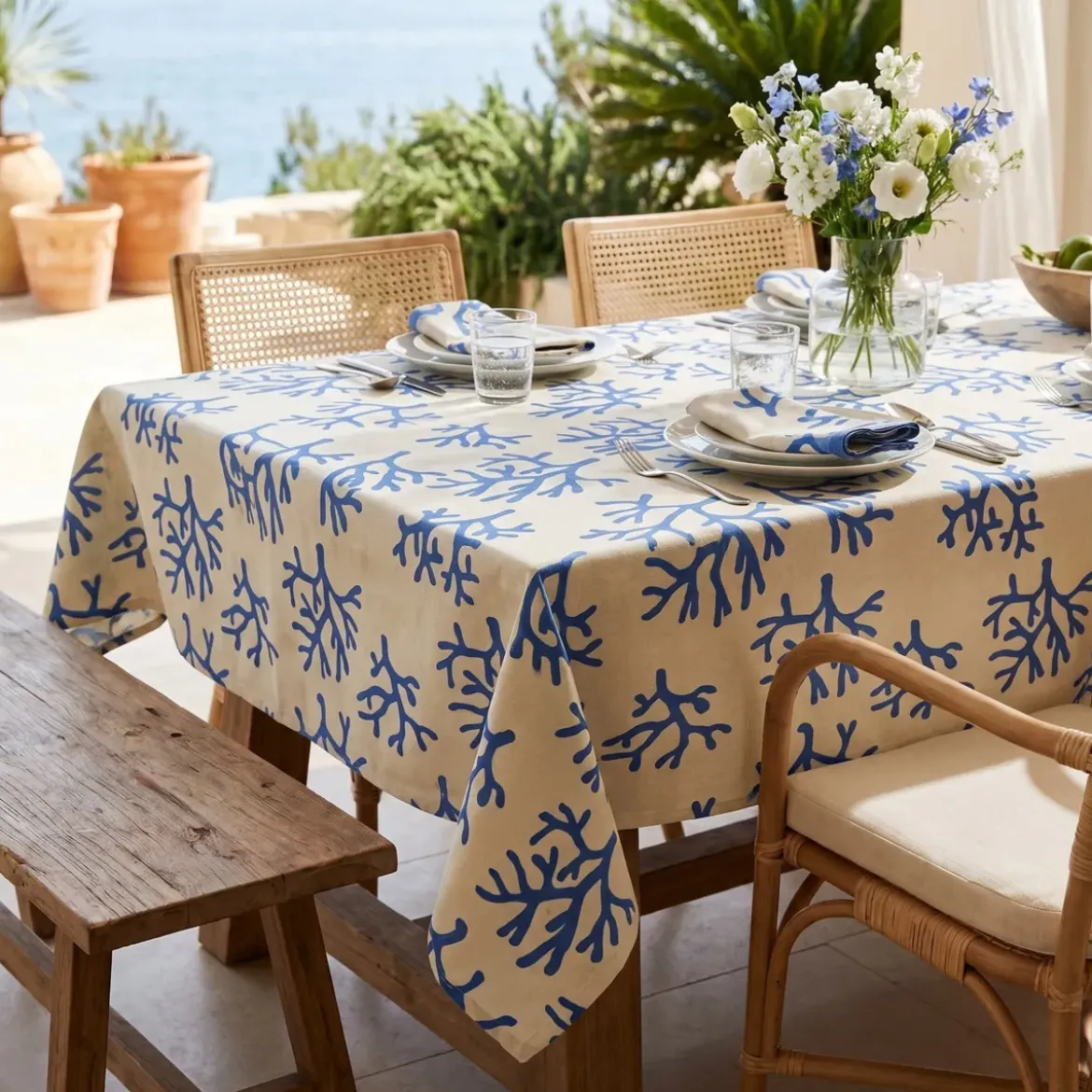 Tovaglia rettangolare cotone antimacchia (150 x 250 cm) Moorea Blu