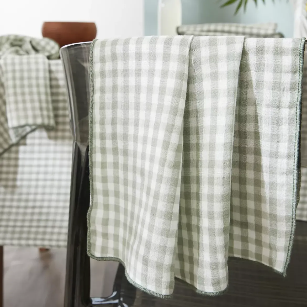 Tovaglia rettangolare in garza di cotone (150 x 350 cm) Gaïa vichy Verde eucalipto