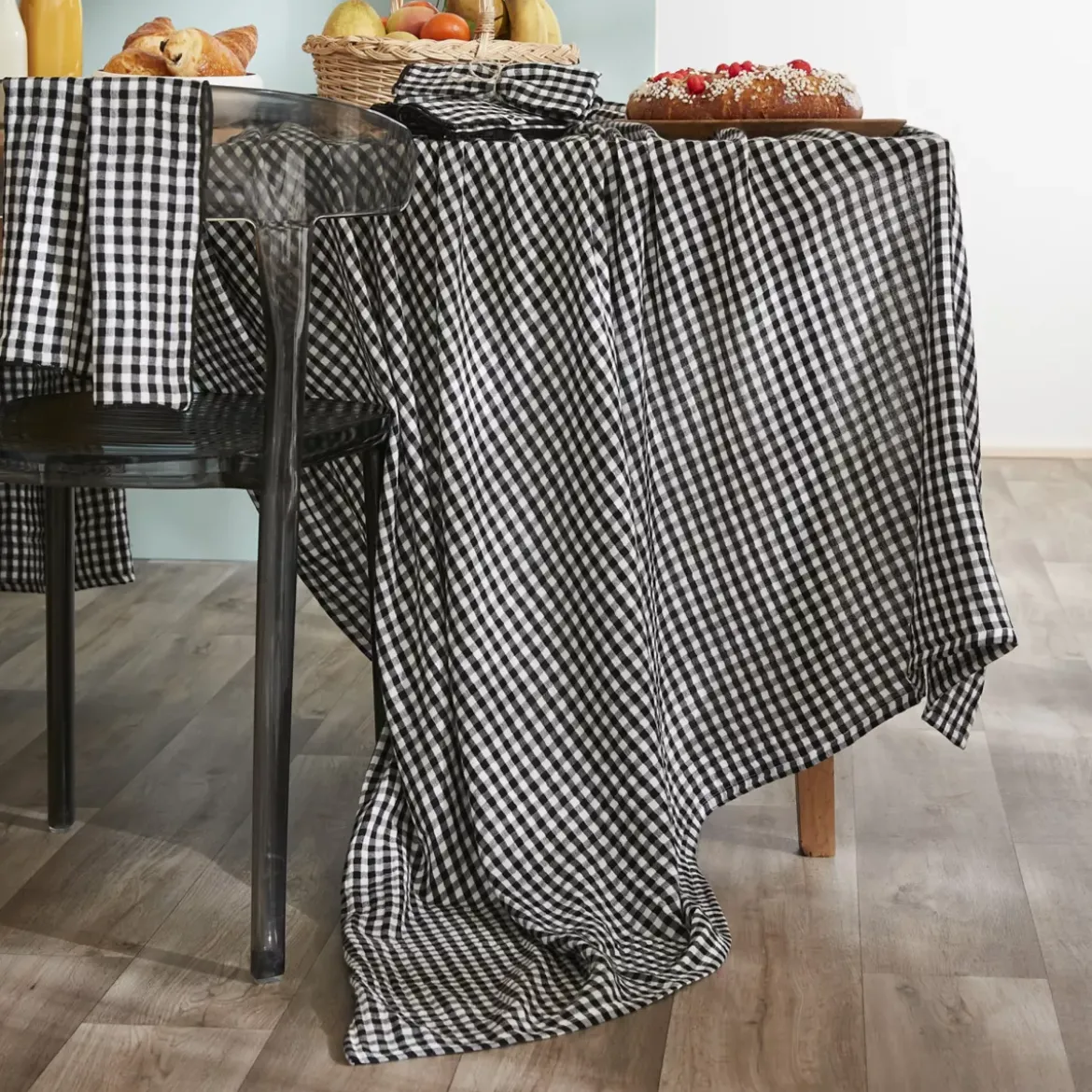 Tovaglia rettangolare in garza di cotone (150 x 350 cm) Gaïa vichy Nera