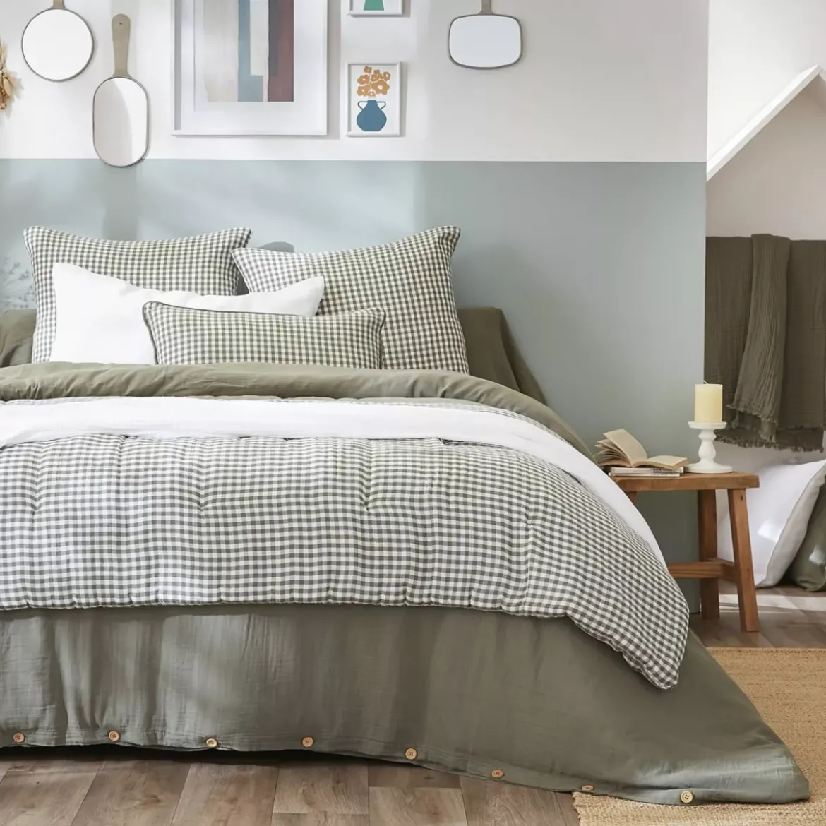 Trapunta garza di cotone (90 x 200 cm) Gaïa vichy Verde rosmarino