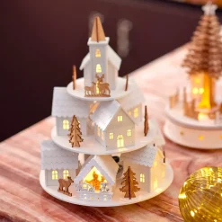 Villaggio di Natale in legno luminoso e musicale a pile (H28 cm) Case sulla collina