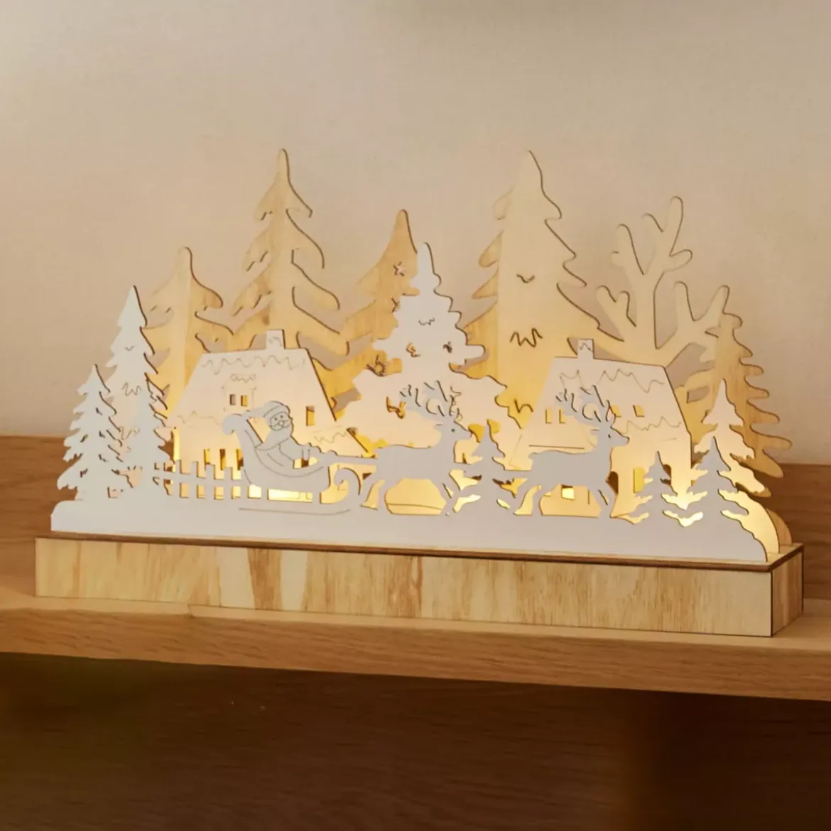 Villaggio di Natale in legno luminoso a pile (30 x 18 cm) Polo Nord