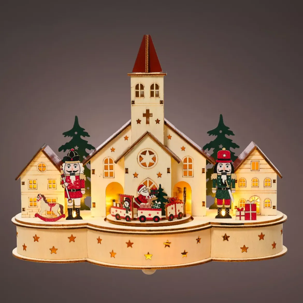 Villaggio di Natale in legno luminoso e musicale a pile (30 x H24 cm) Chiesa e schiaccianoci