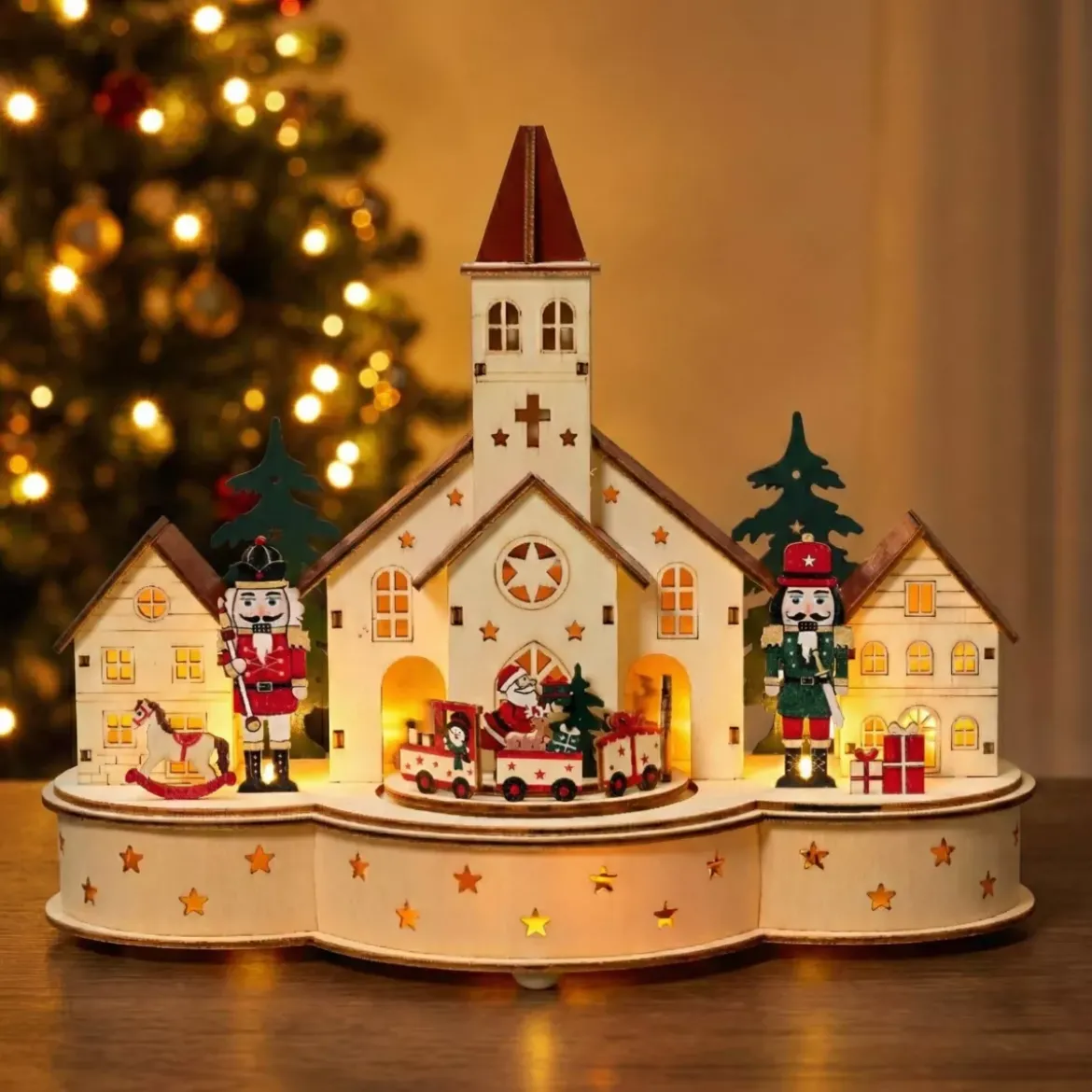 Villaggio di Natale in legno luminoso e musicale a pile (30 x H24 cm) Chiesa e schiaccianoci
