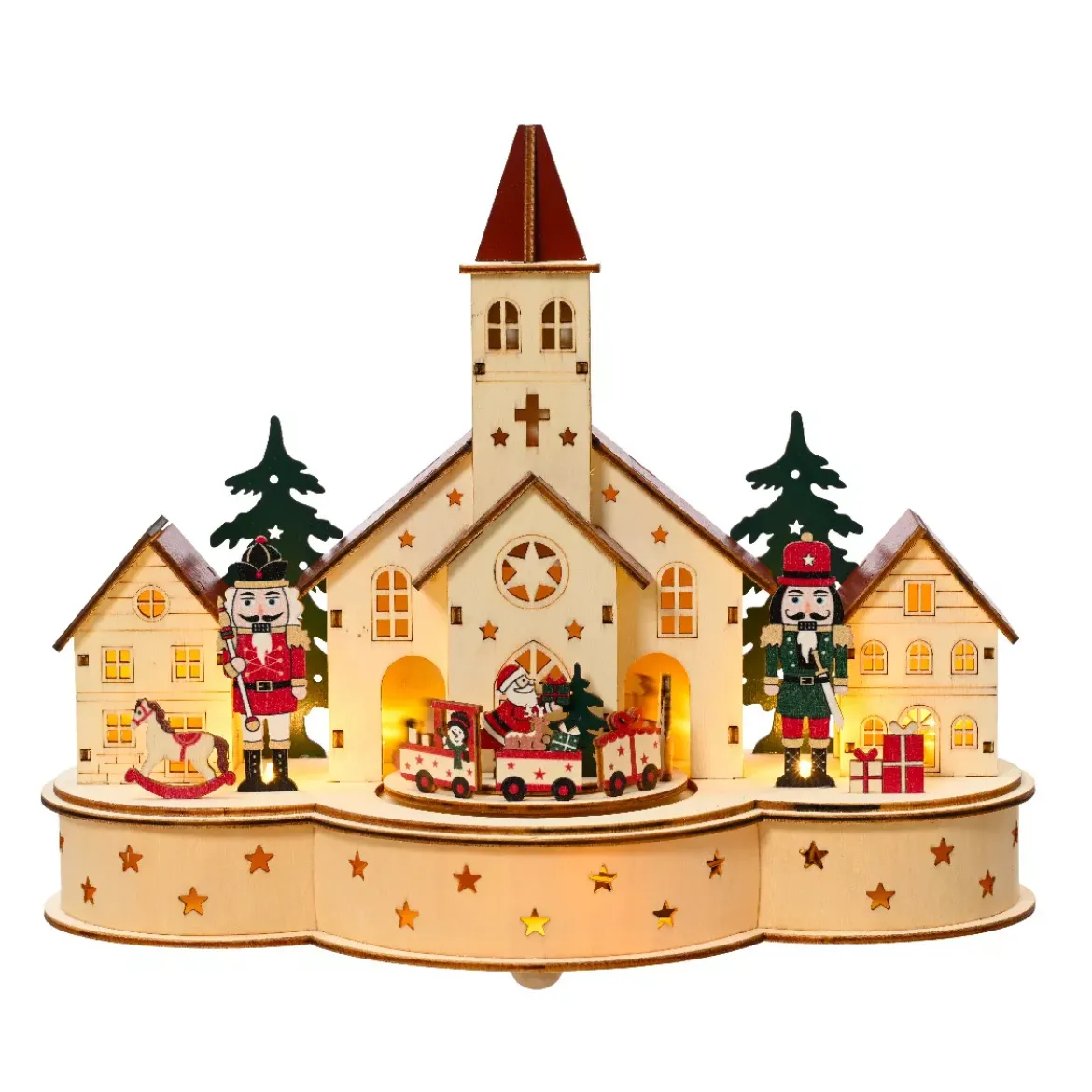 Villaggio di Natale in legno luminoso e musicale a pile (30 x H24 cm) Chiesa e schiaccianoci