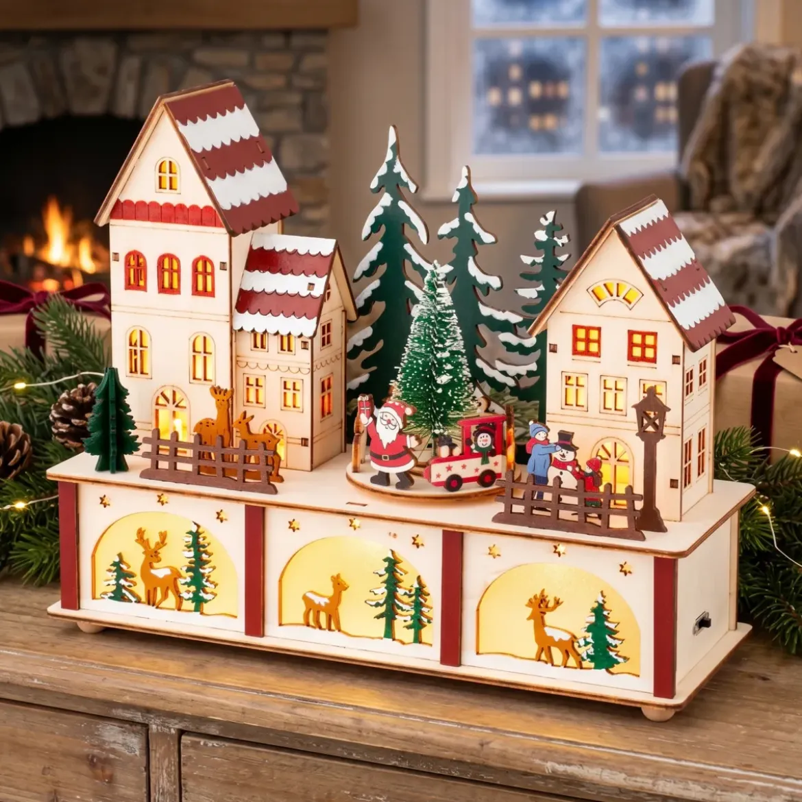 Villaggio di Natale in legno luminoso e musicale a pile (27 x H22 cm) Cuore del villaggio Colorato